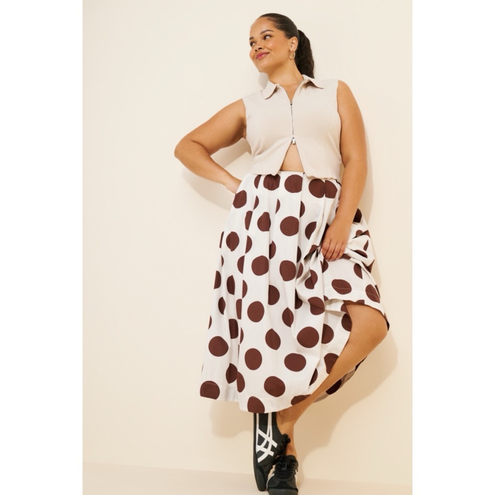 NWT Anthro Maeve Cotton Poplin Pleated Cream and Brown Polka Dot Midi Skirt XS - Picture 13 of 15
